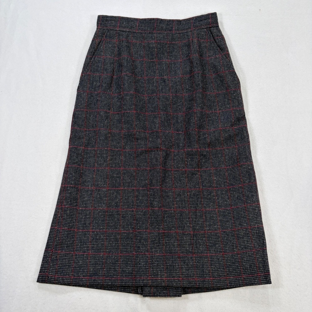 The Villager Size 4 Petites Vintage Plaid Wool Blend Midi Skirt Grey Red USA